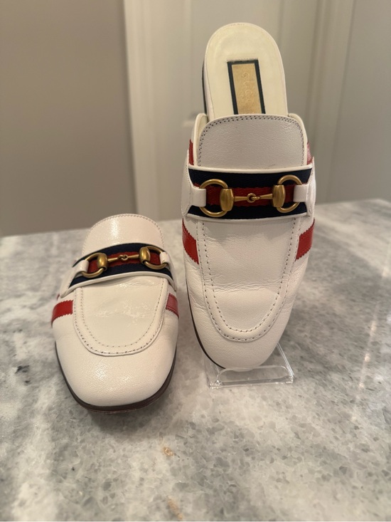 Gucci Shoes - Gucci White Leather Horsebit Mule Loafers with Red & Navy Stripes